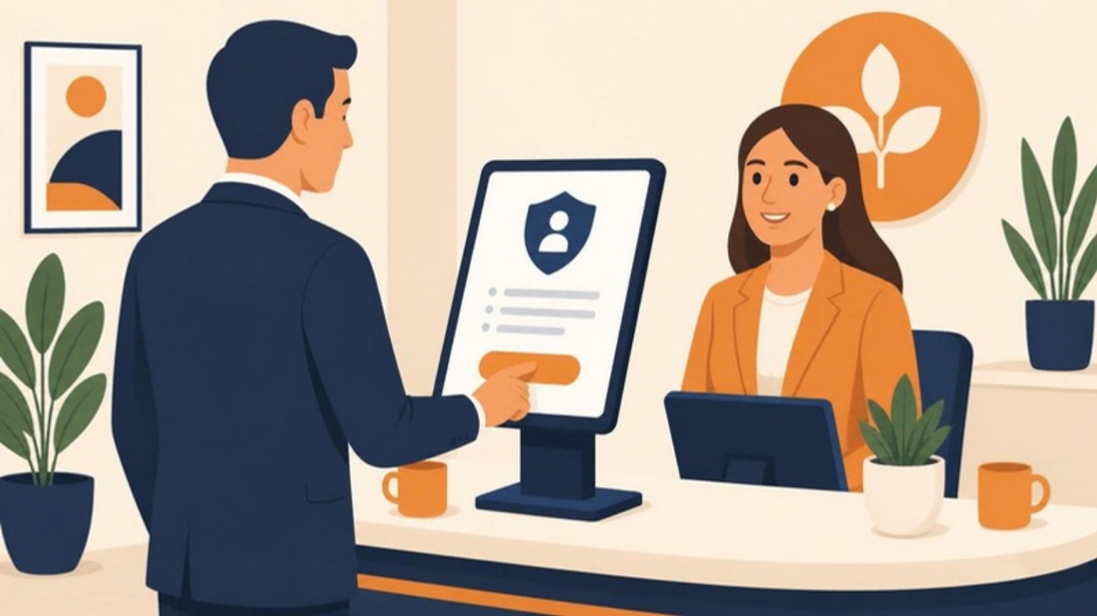 Visitor reading a privacy consent notice on a check-in kiosk at reception