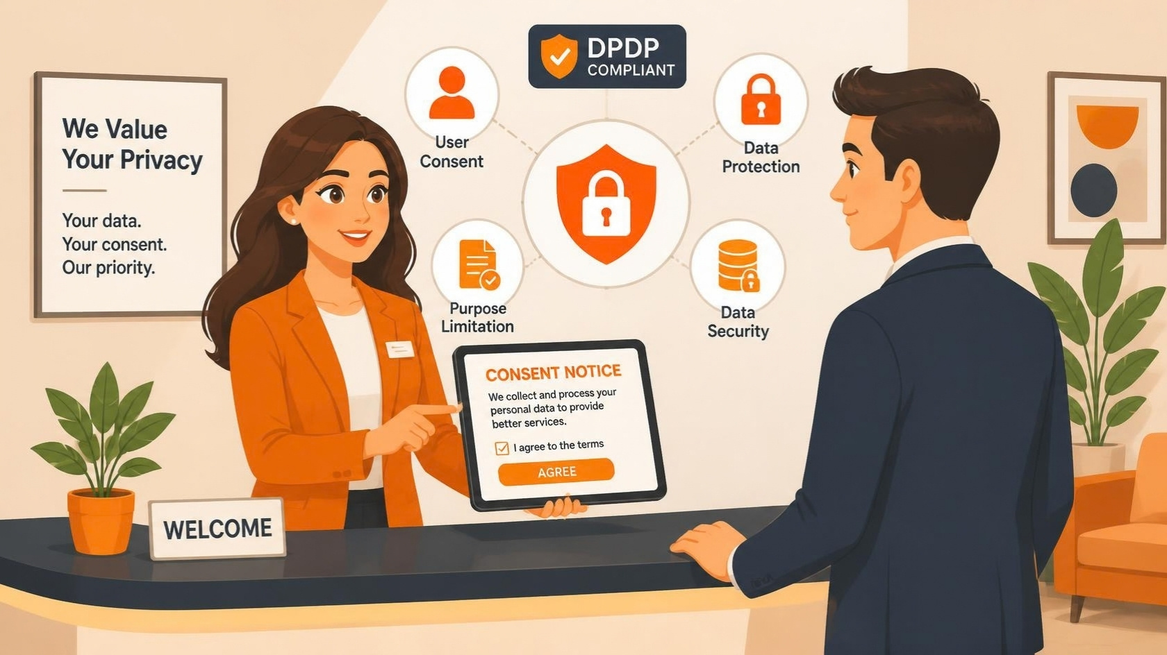 DPDP Act requirements at the reception desk illustration